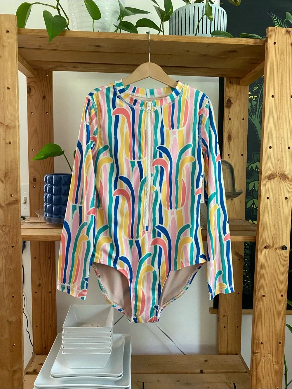 Tea Collection Rainbow Stripe Print Long Sleeve Rashguard One Piece Swimsuit 12
